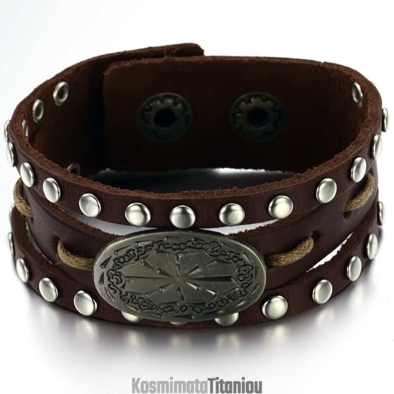 Ανδρικό Βραχιόλι Από Τιτάνιο Με Ρετρό Δερμάτινο Λουράκι, Εγγυημένης Ποιότητας Και Ποσότητας