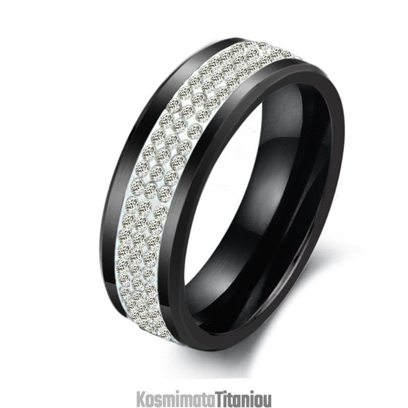 Δαχτυλίδι Από Κεραμικό Βολφραμίου Εξαιρετικής Ποιότητας Σε Μαύρο Χρώμα Με Στρας