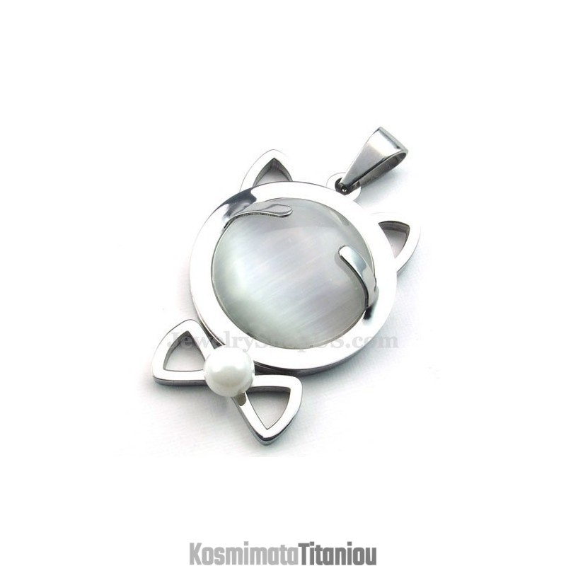 Ασημένιο Κολιέ Μενταγιόν Από Τιτάνιο Με Σχήμα Ματιού Γάτας (Δωρεάν Αλυσίδα)