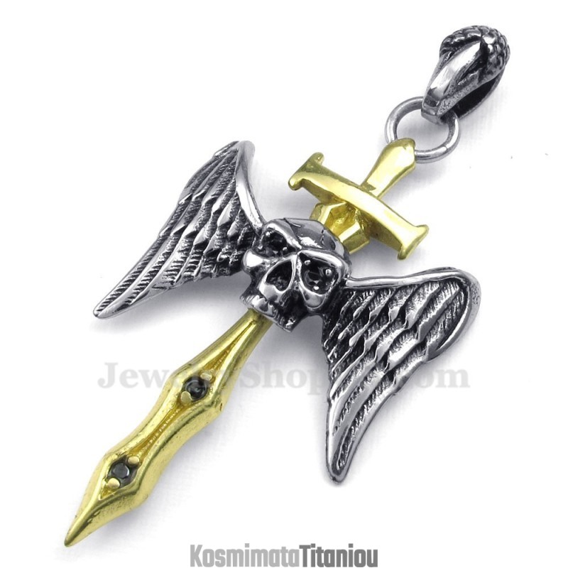 Κολιέ Με Σταυρό Από Τιτάνιο Με Χρυσό Σπαθί Και Κρανίο (Δωρεάν Αλυσίδα)
