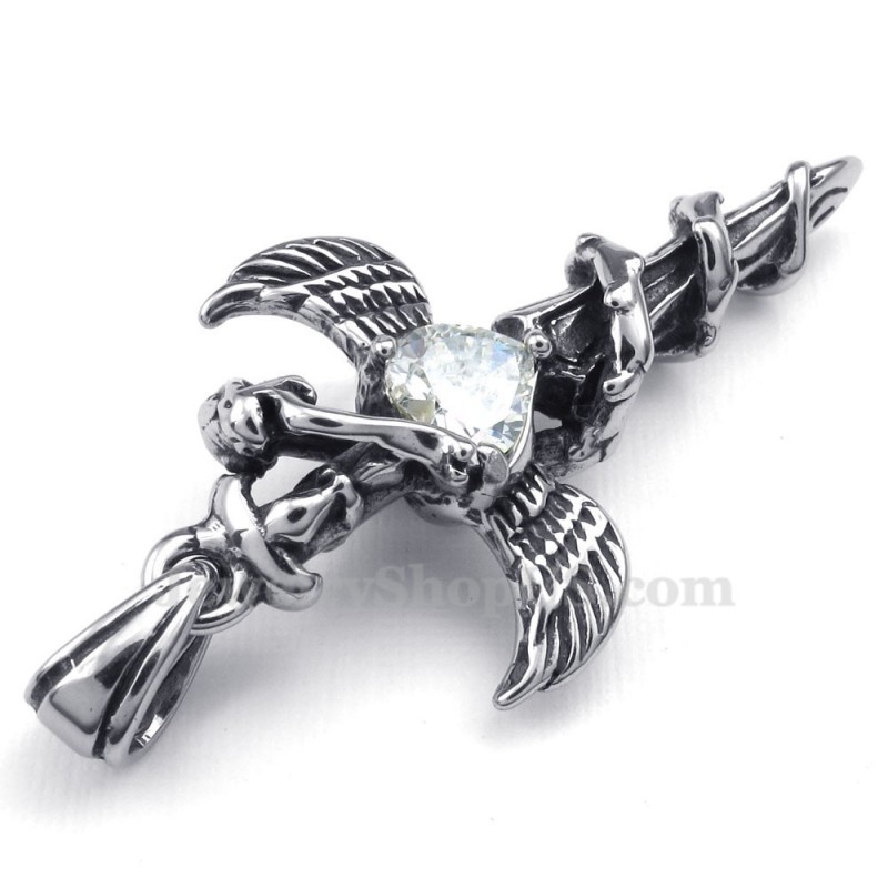 Κολιέ Με Σταυρό Από Τιτάνιο Με Λευκά Ζιργκόν Και Φτερά Ξίφους (Δωρεάν Αλυσίδα)