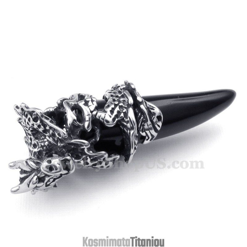Κολιέ Με Μενταγιόν Από Μαύρο Τιτάνιο Με Δόντι Δράκου (Δωρεάν Αλυσίδα)