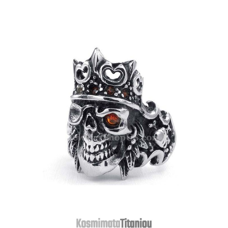 Δαχτυλίδι Νεκροκεφαλής Από Τιτάνιο Με Αυτοκρατορικό Στέμμα Και Κόκκινο Ζιρκόνιο