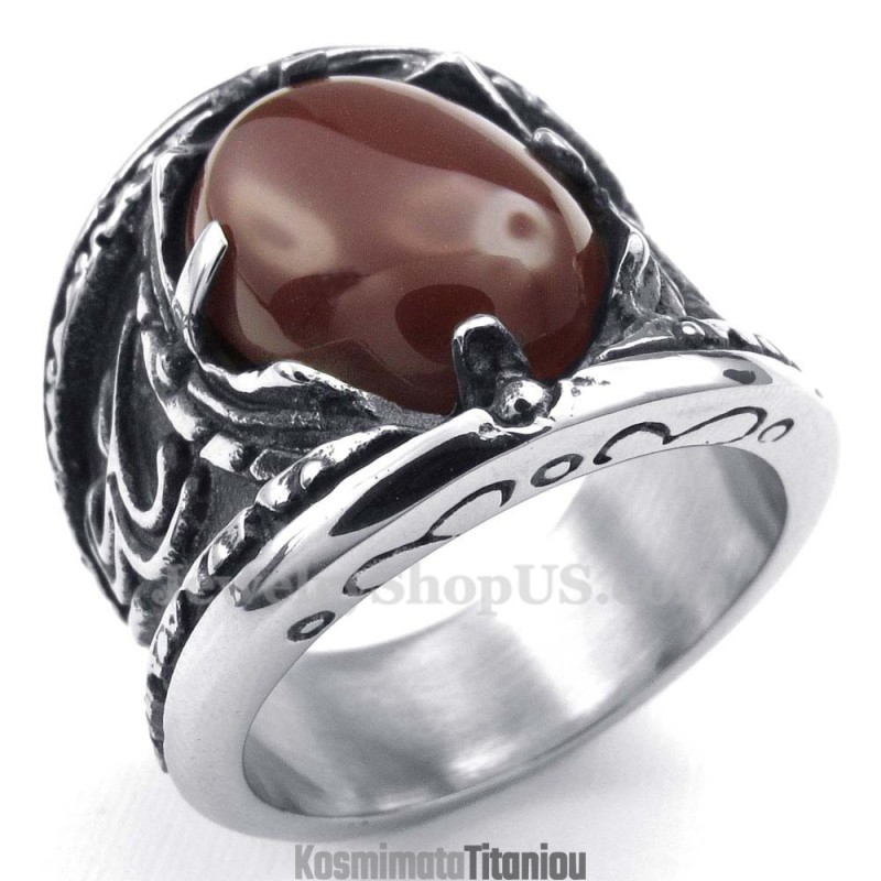 Δαχτυλίδι Με Ένθετο Τιτανίου Και Κόκκινο Αχάτη