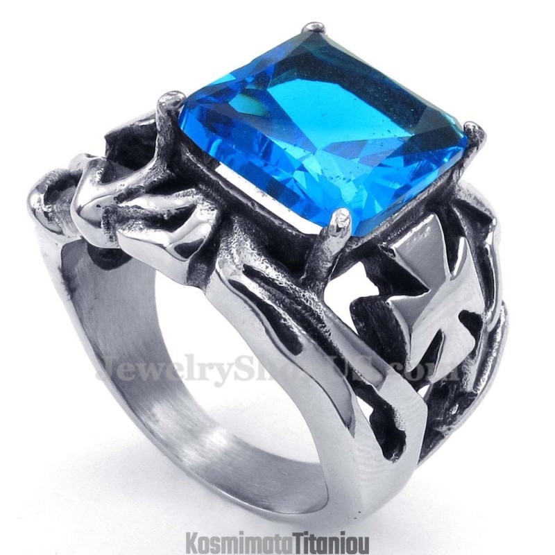 Δαχτυλίδι Τιτανίου Με Μπλε Διακοσμητική Πέτρα