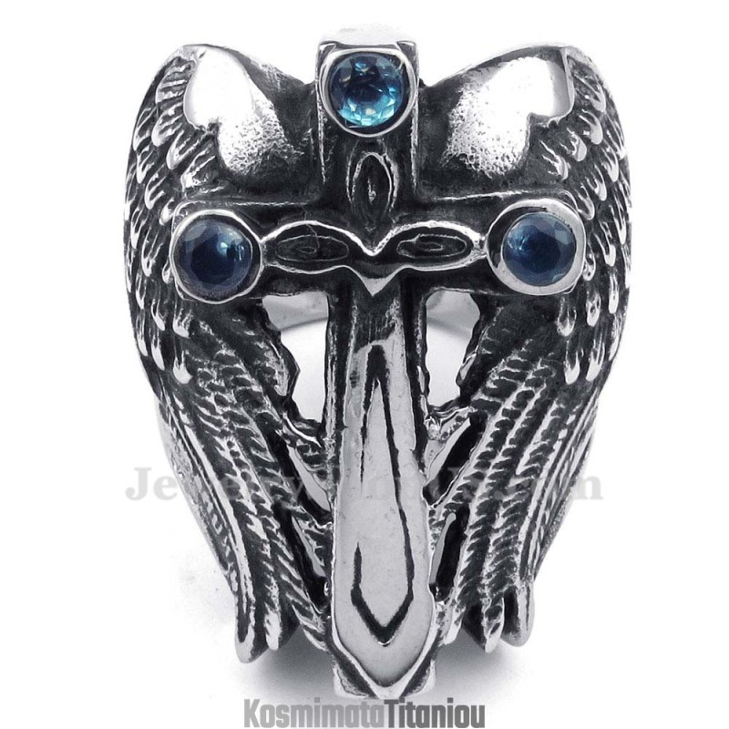 Δαχτυλίδι Με Σταυρό Από Τιτάνιο Και Μπλε Ζιρκόνιο