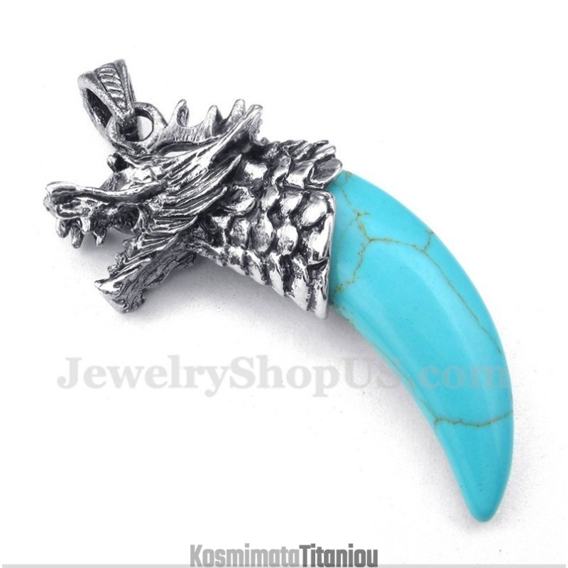 Ανδρικό Μενταγιόν Από Τιτάνιο Σε Τιρκουάζ Χρώμα Με Κεφαλή Λύκου Και Ελεύθερη Αλυσίδα