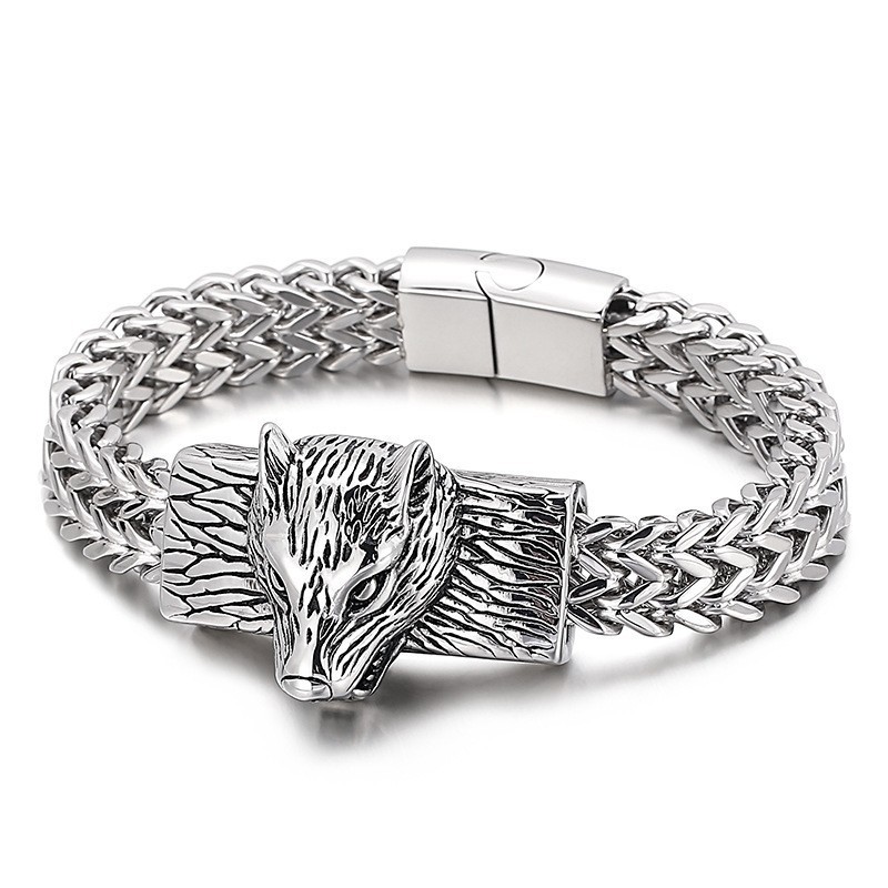 Ανδρικό Βραχιόλι Τιτανίου Hip-Hop Wolf Head Double Row Keel Woven Chain Ανδρικό Βραχιόλι Τιτανίου Hip-Hop Wolf Head Double Row Keel Woven Chain