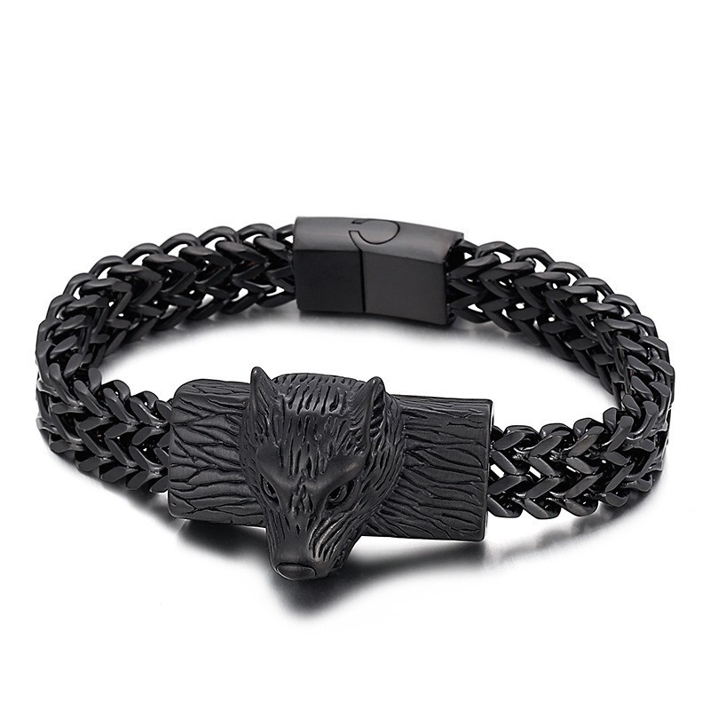Ανδρικό Βραχιόλι Τιτανίου Hip Hop Wolf Head Double Row Keel Woven Chain Ανδρικό Βραχιόλι Τιτανίου Hip Hop Wolf Head Double Row Keel Woven Chain