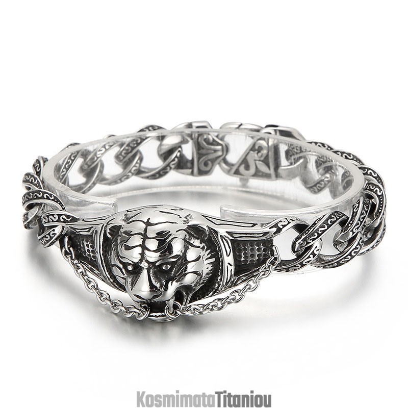 Βραχιόλι Τιτανίου Με Vintage Υπερβολικό Μοτίβο Tiger Head Bend Για Άνδρες