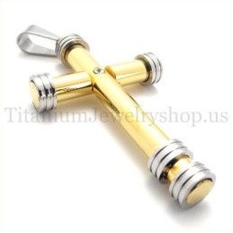 Χρυσό Κυλινδρικό Μενταγιόν Από Τιτάνιο Με Σταυρό