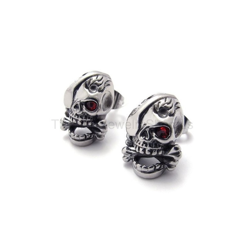 Σκουλαρίκια Από Τιτάνιο Με Σχήμα Κρανίου Και Ένα Κόκκινο Μάτι