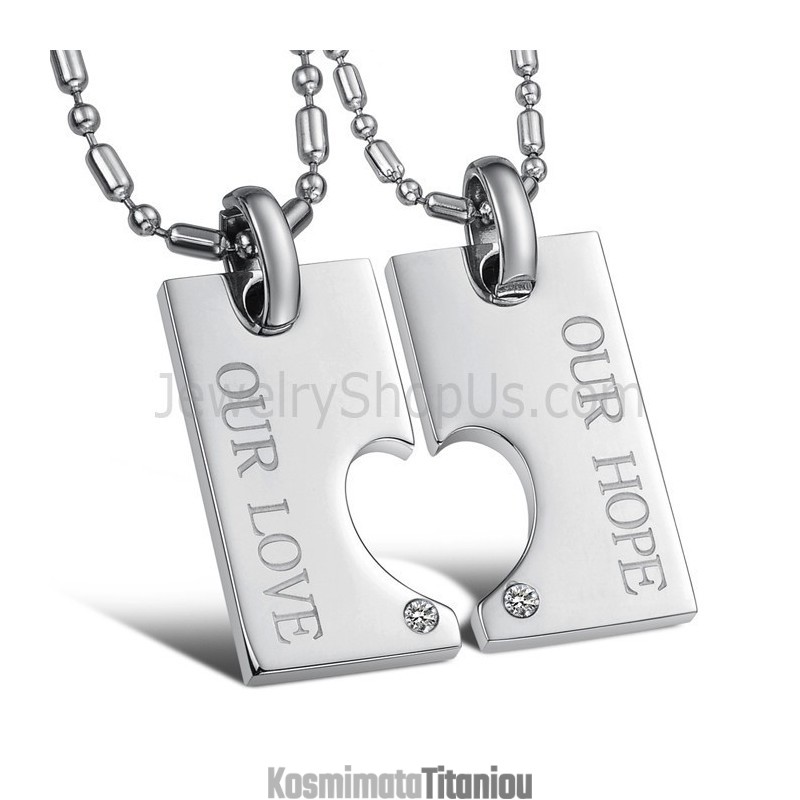 Μενταγιόν "Our Hope & Our Love" Από Ασήμι Τιτανίου Για Εραστές Με Στρας Και Δωρεάν Αλυσίδες C602