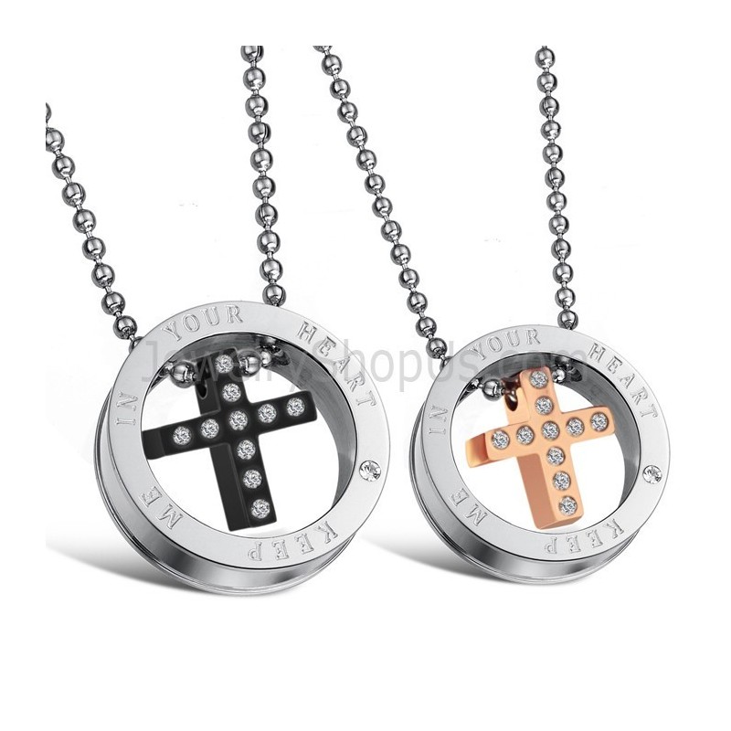 Σταυροί Lovers Από Τιτάνιο Σε Ροζ Χρυσό Και Μαύρο Με Στρας Και Δωρεάν Αλυσίδες C681