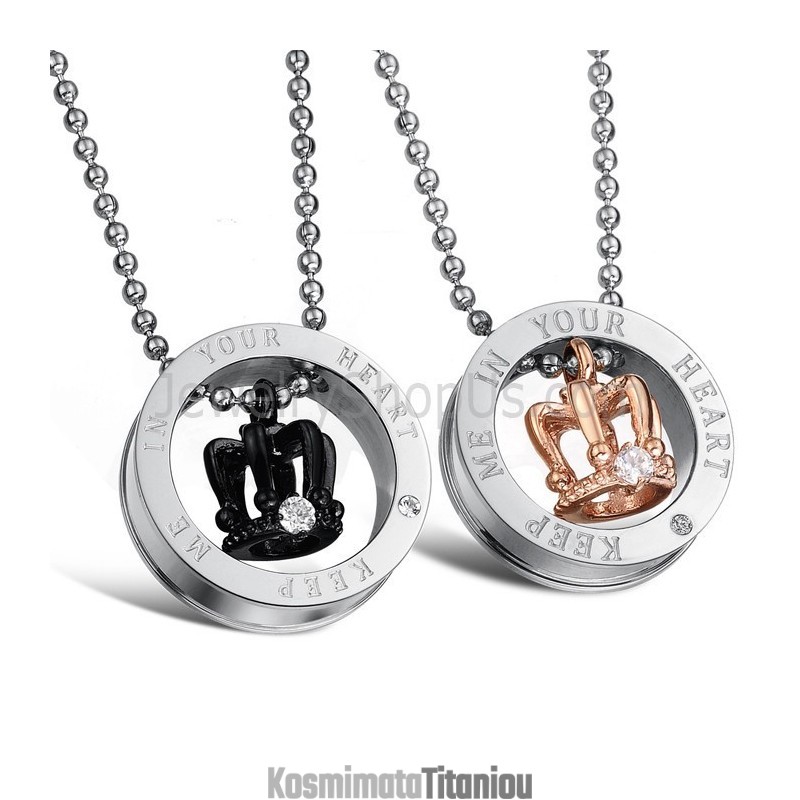 Μενταγιόν Για Ερωτευμένους "Keep Me In Your Heart" Από Τιτάνιο Σε Ροζ Χρυσό Και Μαύρα Βασιλικά Στέμματα Με Στρας Και Δωρεάν Αλυσ Μενταγιόν Για Ερωτευμένους "Keep Me In Your Heart" Από Τιτάνιο Σε Ροζ Χρυσό Και Μαύρα Βασιλικά Στέμματα Με Στρας Και Δωρεάν Αλυσ