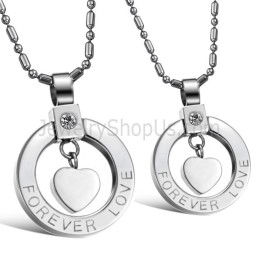 Μενταγιόν Για Ερωτευμένους "Forever Love" Από Ασήμι Τιτανίου Με Καρδιά Και Στρας Και Δωρεάν Αλυσίδες C415