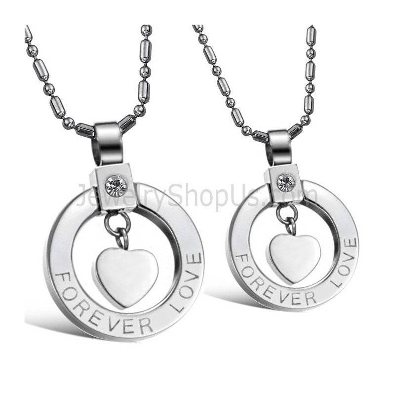 Μενταγιόν Για Ερωτευμένους "Forever Love" Από Ασήμι Τιτανίου Με Καρδιά Και Στρας Και Δωρεάν Αλυσίδες C415