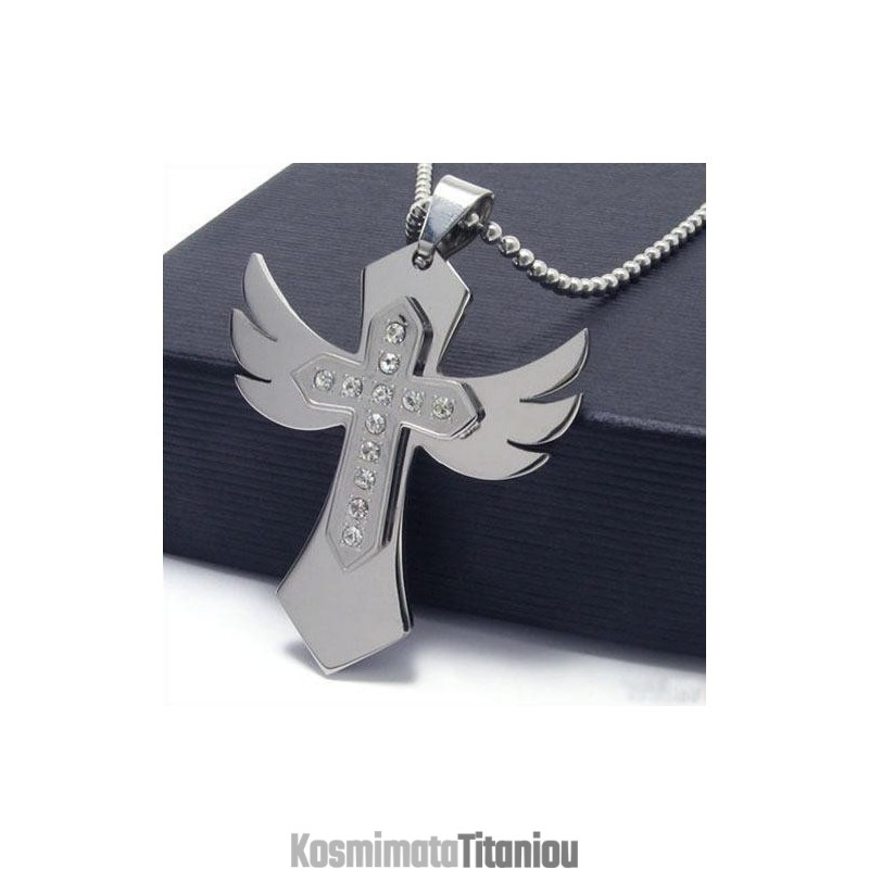 Ανδρικό Κολιέ Με Σταυρό Από Ασήμι Και Καθαρό Τιτάνιο, Μενταγιόν Φτερό