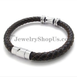 Κομψό Καφέ Δερμάτινο Βραχιόλι Τιτανίου