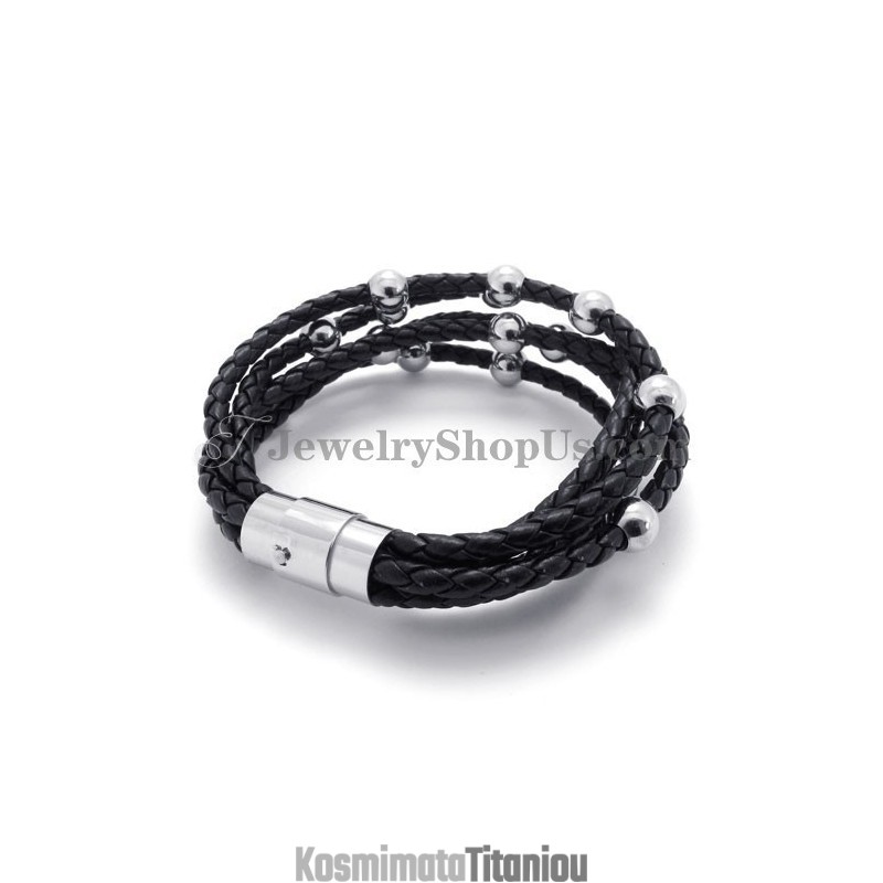 Μαύρο Δερμάτινο Βραχιόλι Με Τιτάνιο